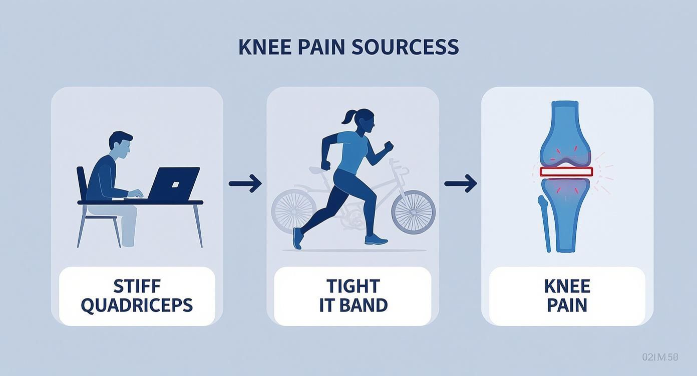 Infographic showing how a desk worker gets stiff quadriceps and a runner gets a tight IT band, both leading to knee pain.