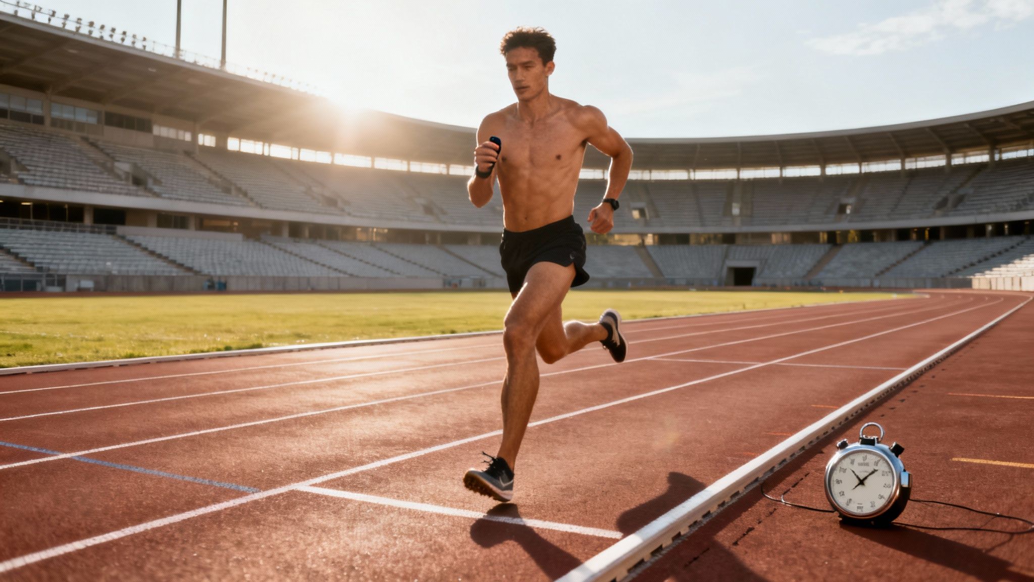 A female runner in motion on an outdoor track, embodying the concept of smart speed work.