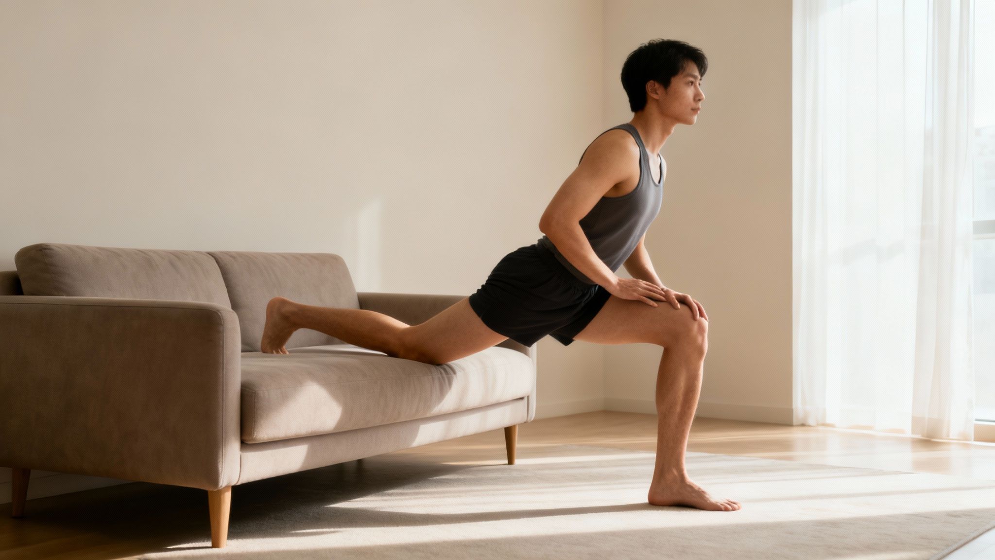 A young man performing the couch stretch for his hip flexors in a bright living room using a sofa.