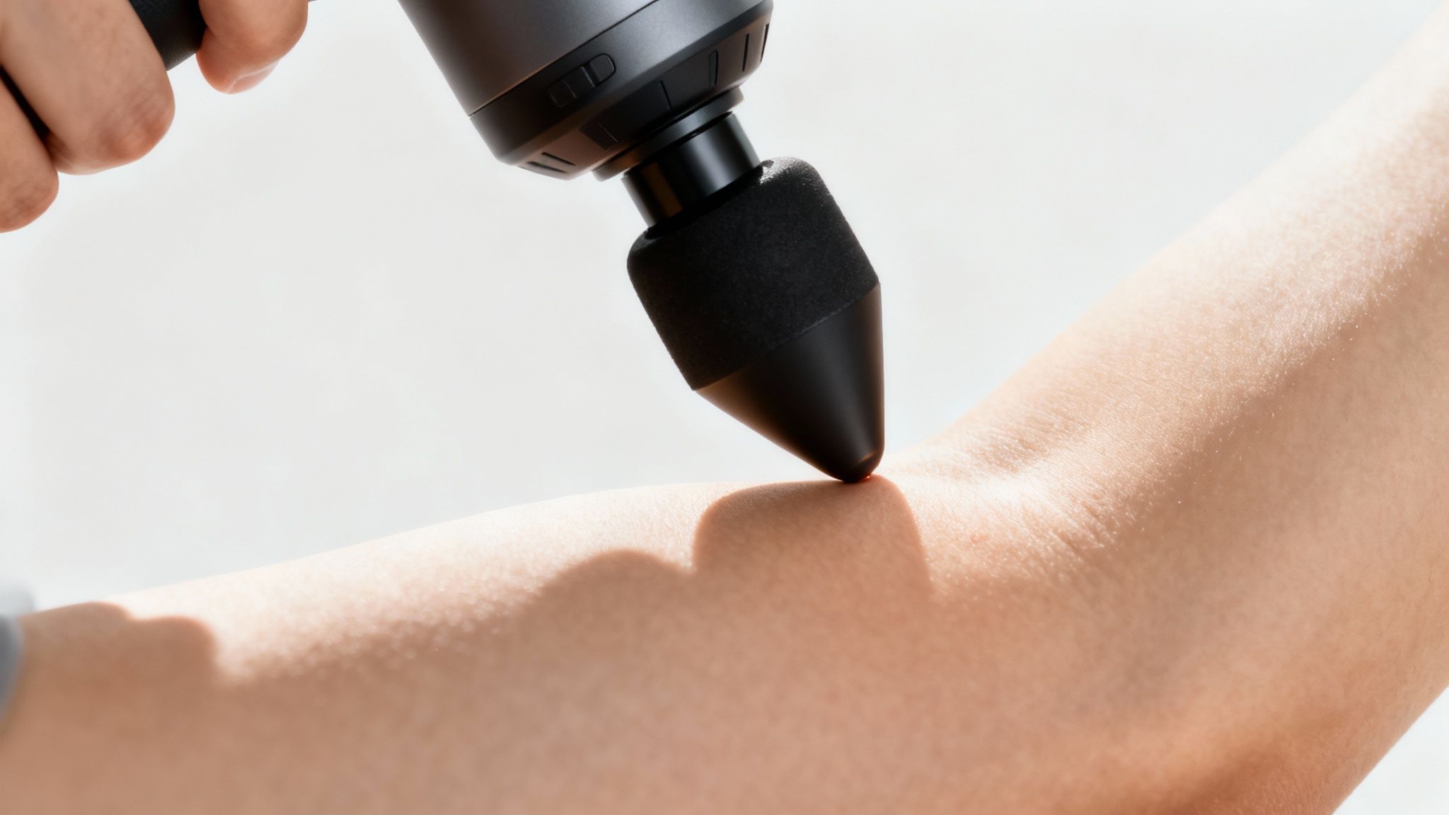 A close-up of the bullet head massage gun attachment in use.