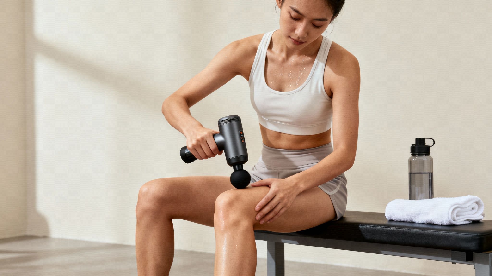 A person using a massage gun on their calf muscle to reduce soreness after a workout.