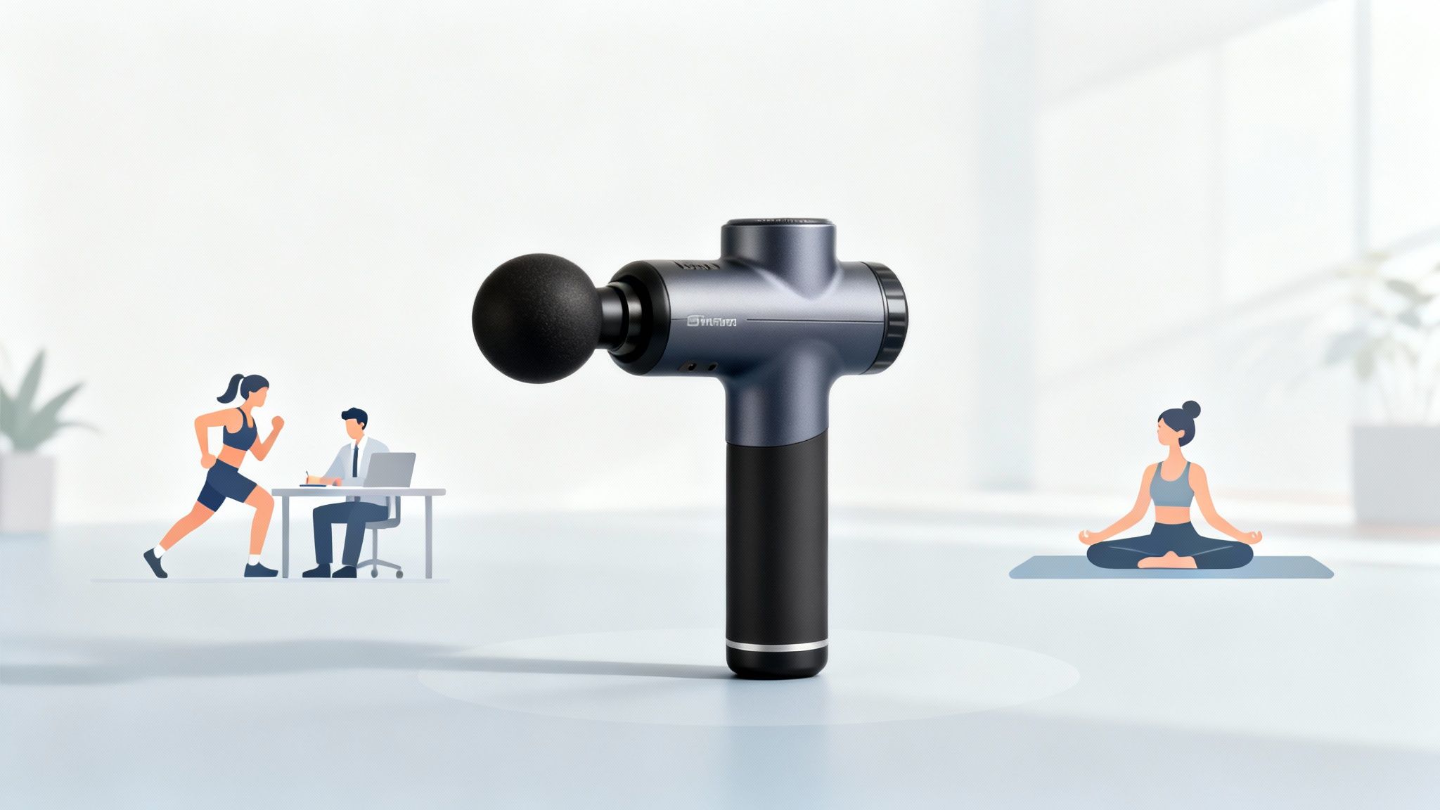 A woman smiles while using a massage gun on her leg, showing what a massage gun does for everyday wellness.