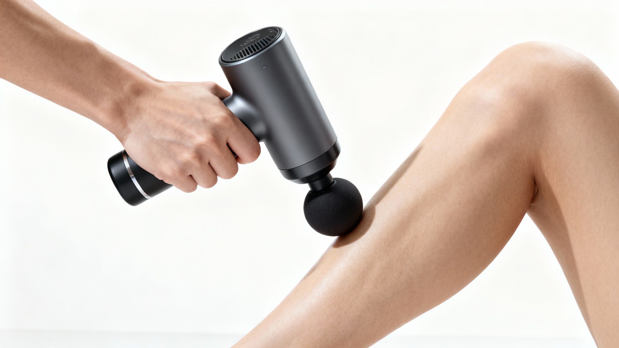 A person using a Cryotex massage gun on their calf to demonstrate how to treat tight calf muscles.