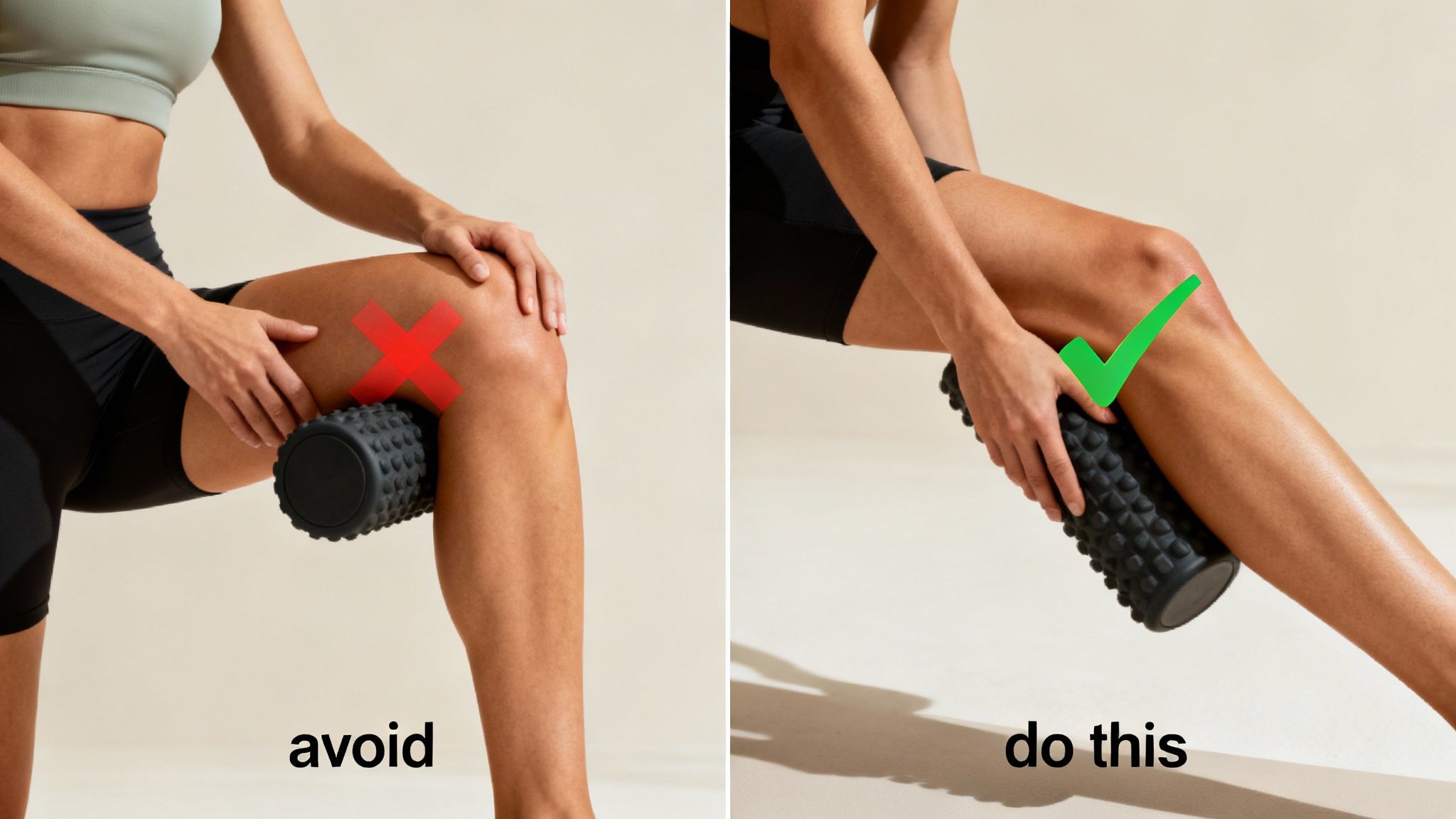 A close-up shot of a person's leg and a foam roller, emphasizing correct positioning.