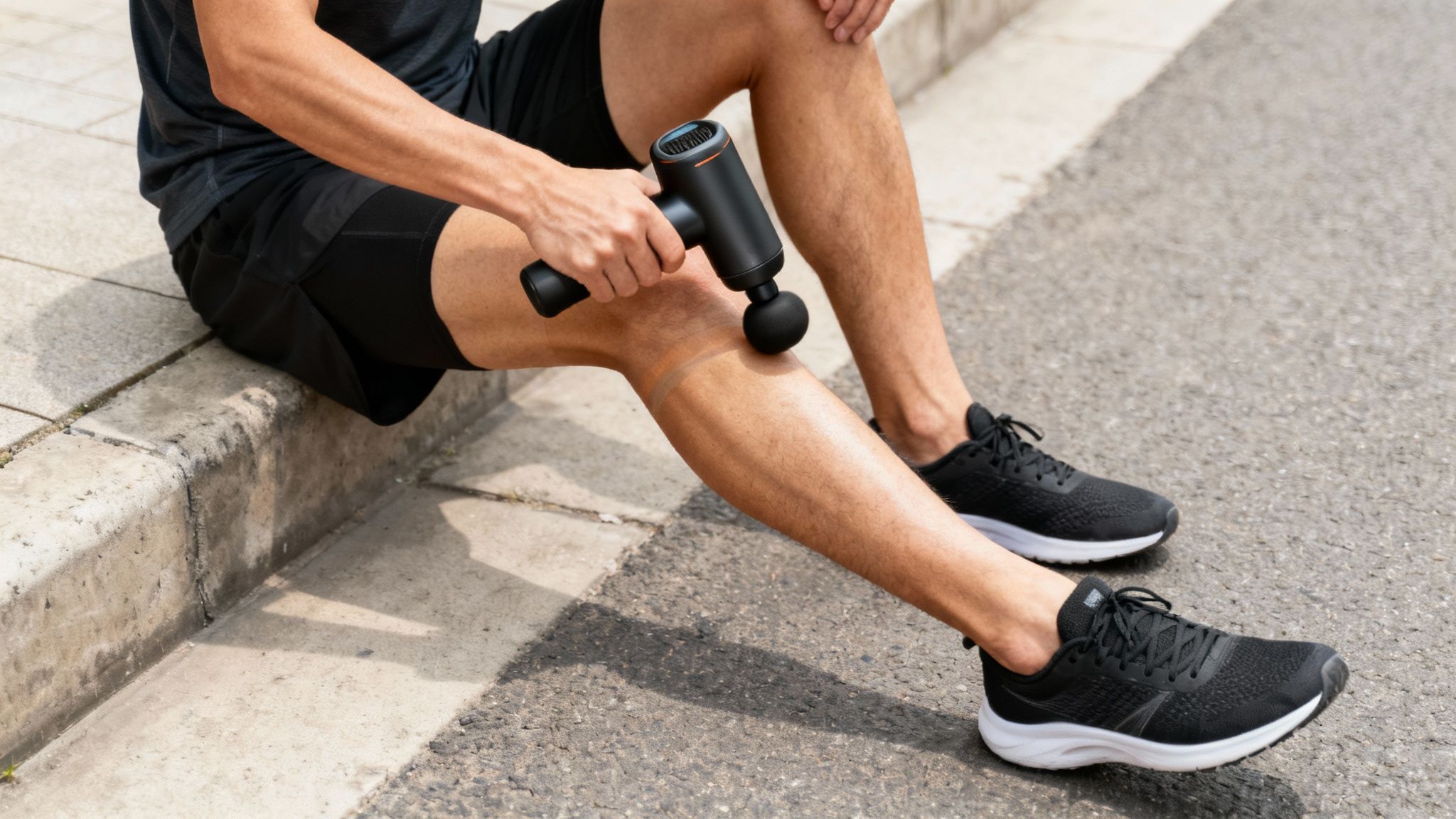 A runner using a massage gun on their calf muscle after a run.