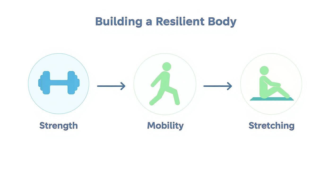 Diagram illustrating building a resilient body through strength training, mobility exercises, and stretching, which are key to how to prevent sports injuries.
