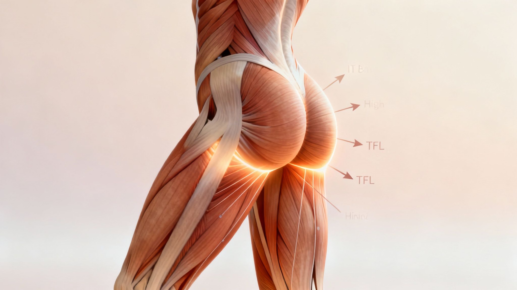 Person using a massage gun for IT band relief on their outer thigh.