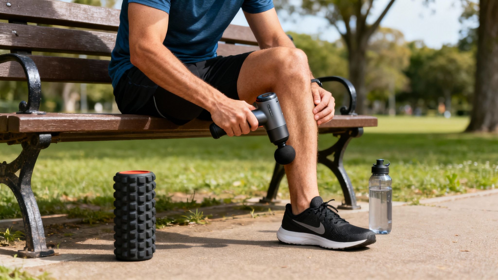 A runner using a massage gun on their calf muscle for recovery after a run.