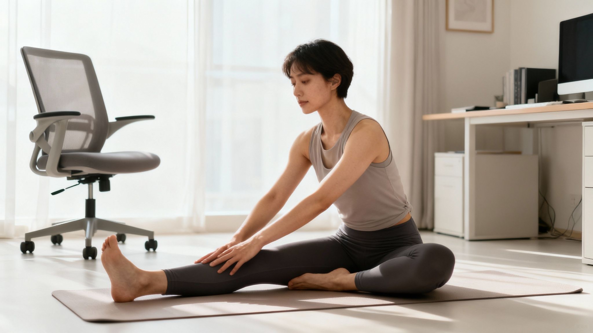 A person stretching their hamstring on a yoga mat to reduce muscle soreness.
