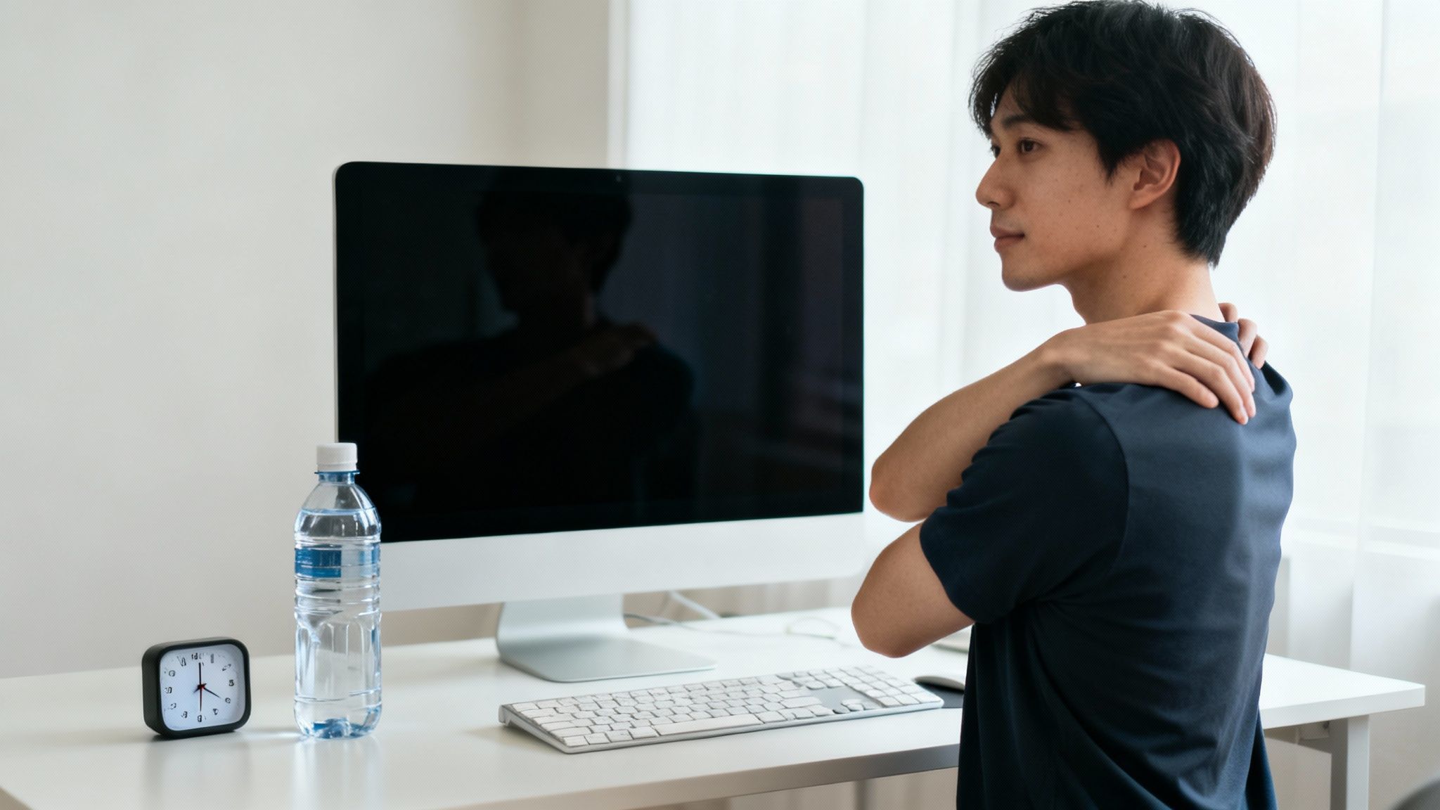 A man stretching his shoulder at a desk with a computer, water bottle, and clock.