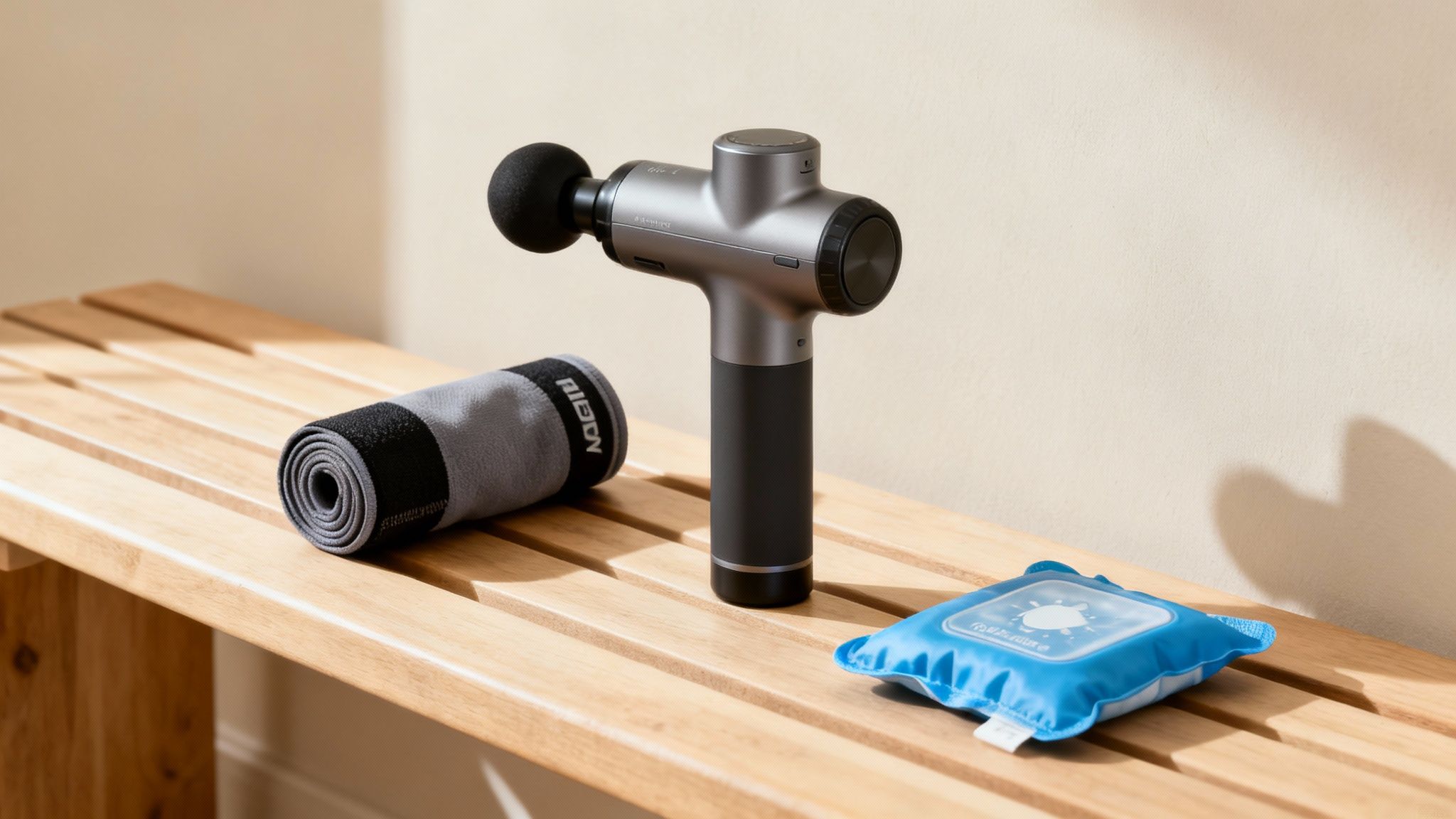 A person sitting on a yoga mat using a massage gun on their thigh muscle.