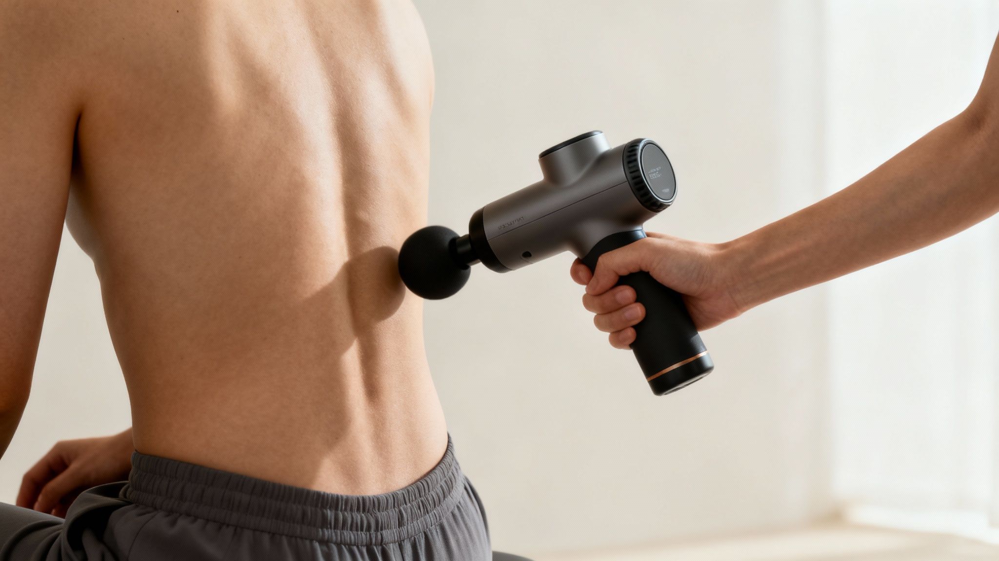 A person showing where not to use a massage gun, pointing to the neck, spine, and knee joints.