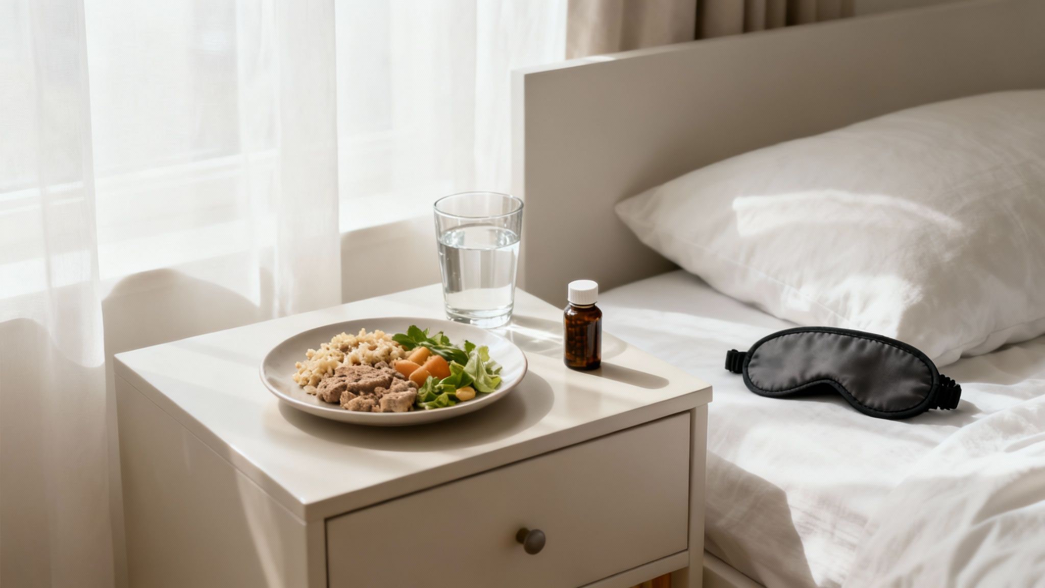 Healthy meal with protein, vegetables, water, supplements, and sleep mask on bedside table for athlete recovery