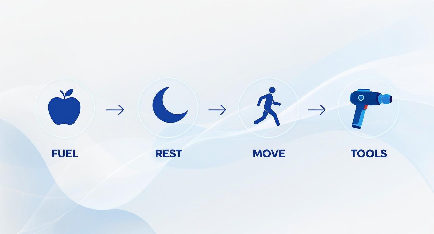 Infographic showing the four pillars of muscle recovery: Fuel (apple icon), Rest (moon icon), Move (walking icon), and Tools (massage gun icon).