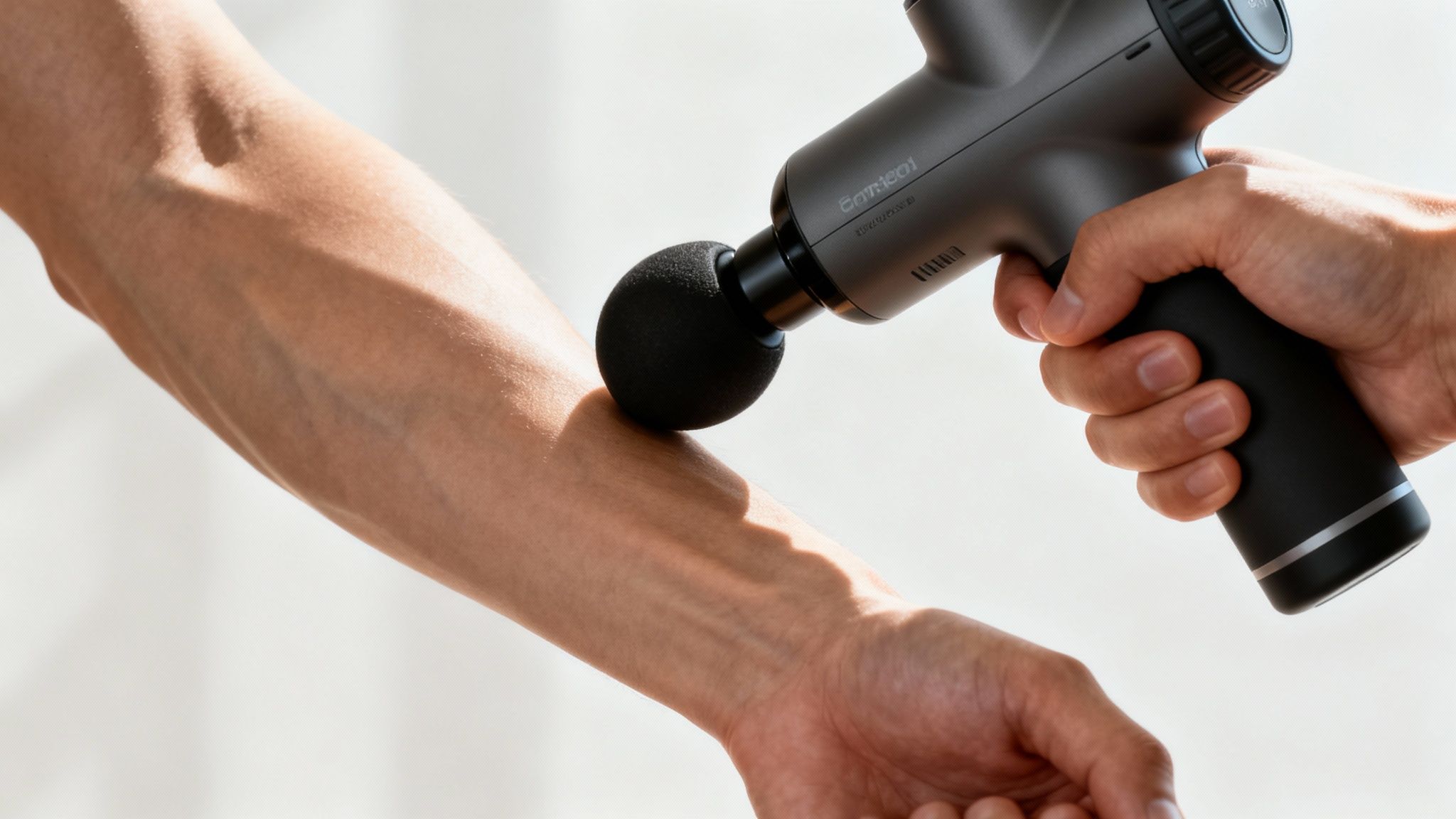 A person demonstrates what a massage gun does by using it on their quad muscle.