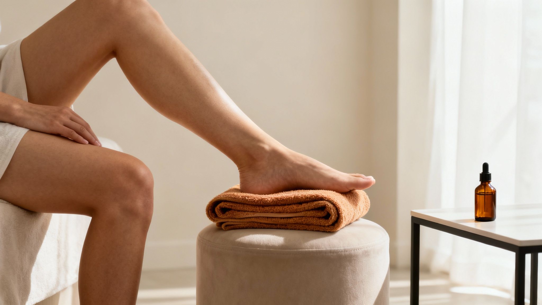 Woman in activewear preparing to give herself a calf massage at home.