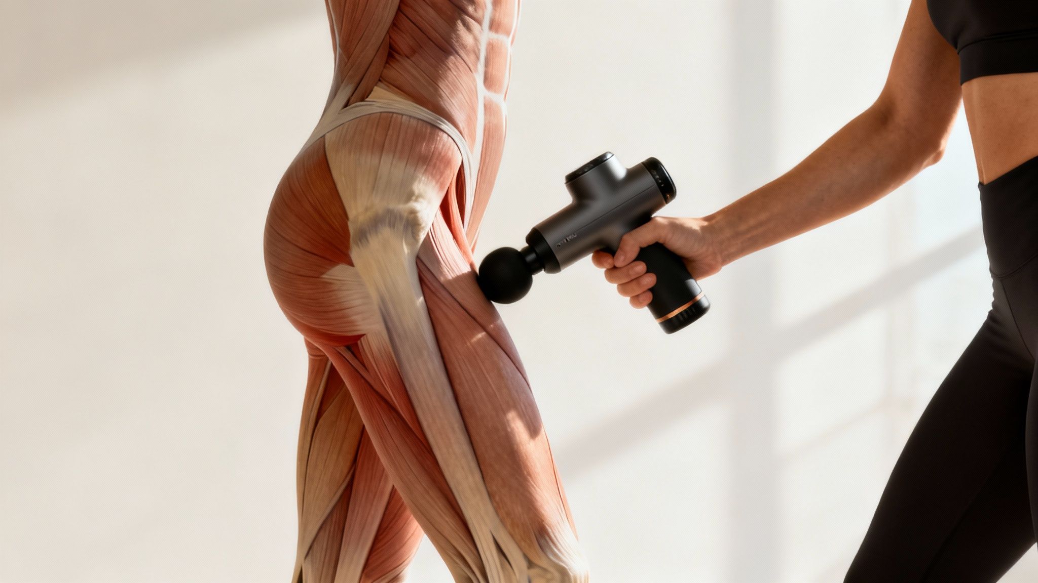 Close-up of a person using a massage gun for IT band relief on their upper hip area.