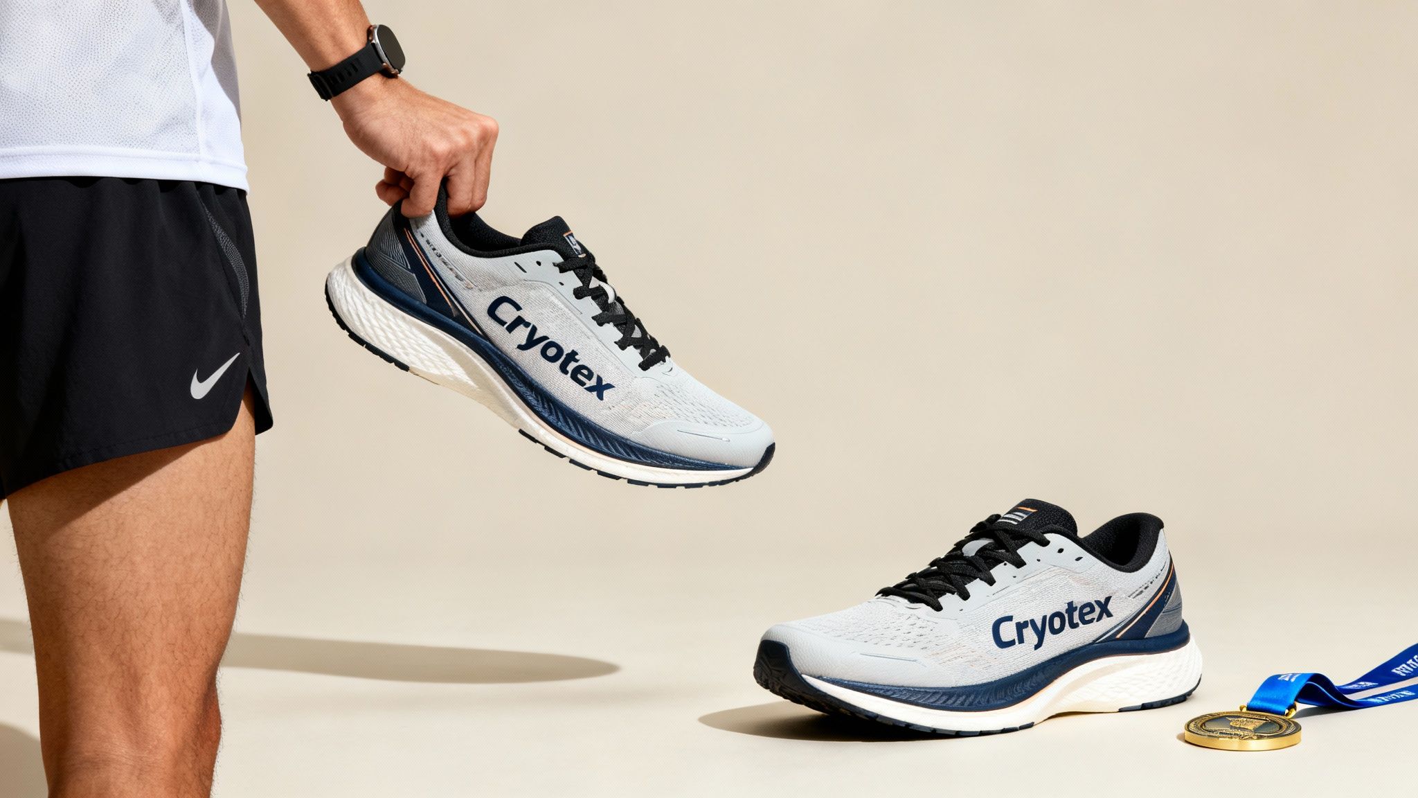 A runner smiling while using a Cryotex massage gun on their quad in a well-lit room.