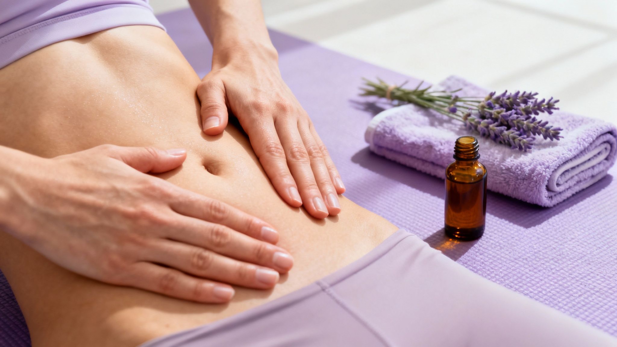 Woman applying lavender oil massage for massage for menstruation relief