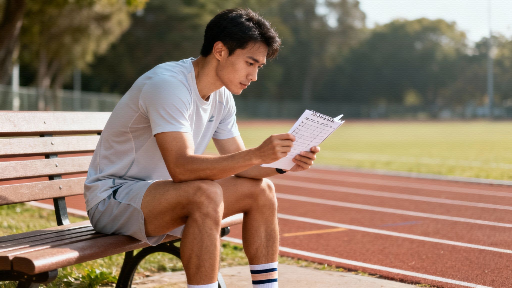 A young male athlete sits on a bench at a running track, reviewing a training plan, illustrating how to prevent sports injuries.