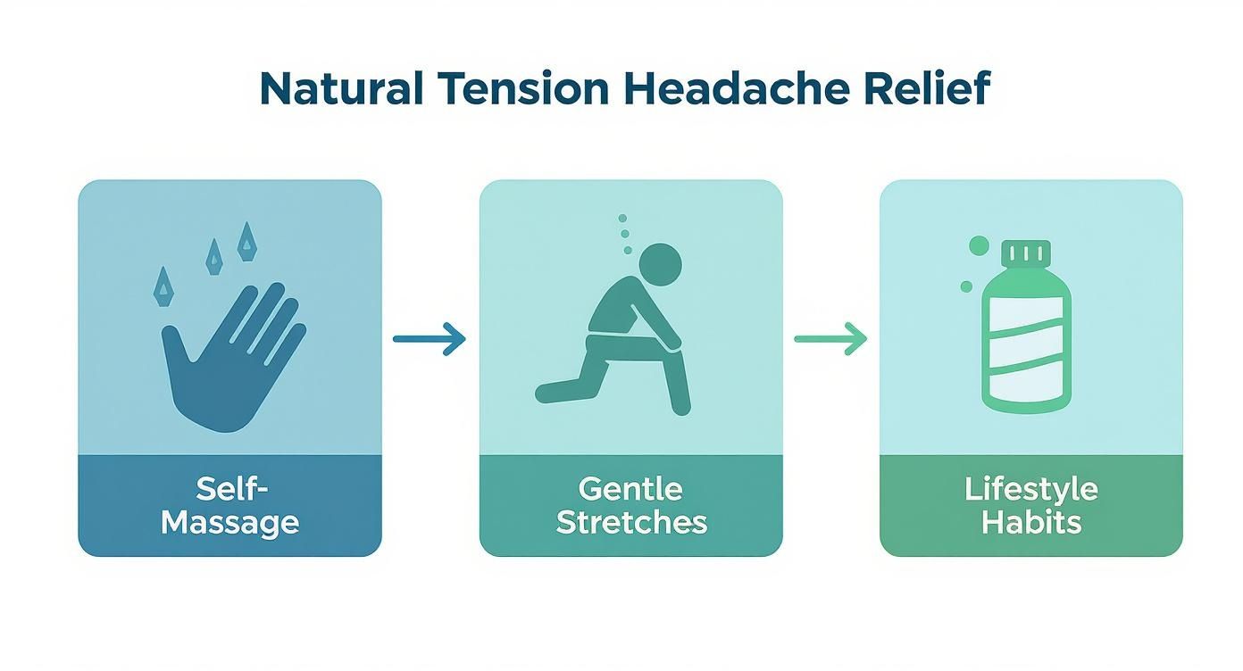 Diagram showing natural tension headache relief through self-massage, gentle stretches, and healthy lifestyle habits.