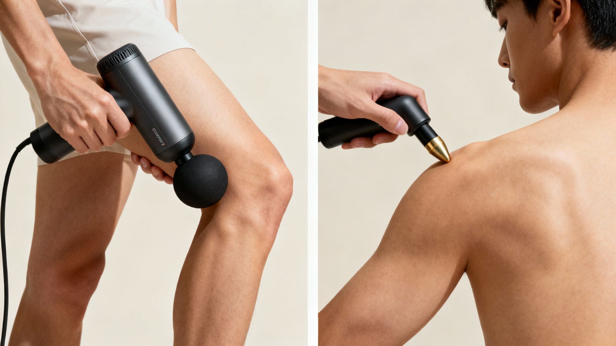 A person applying a massage gun to their leg to show the right technique for different muscle groups.