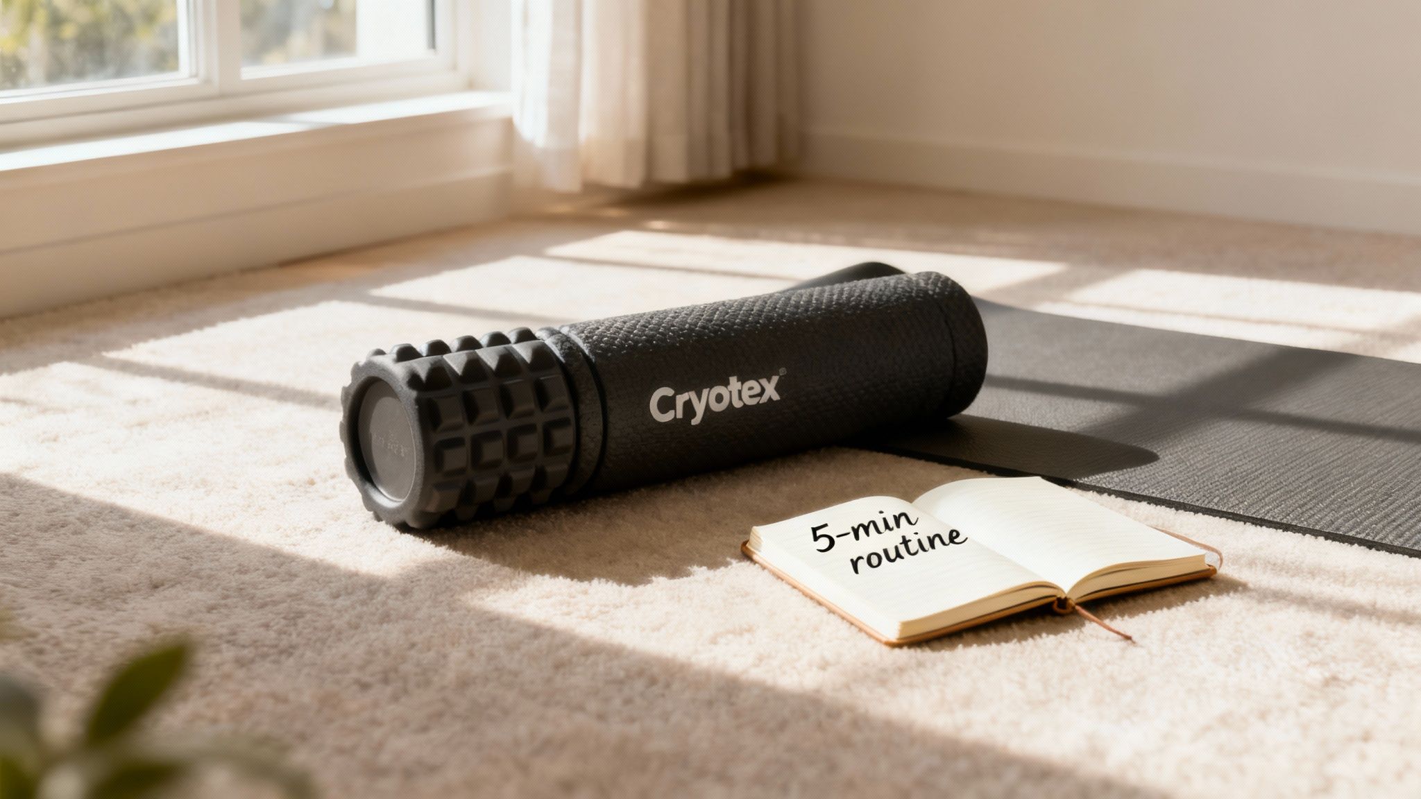 A person foam rolling their leg in a well-lit, comfortable room.