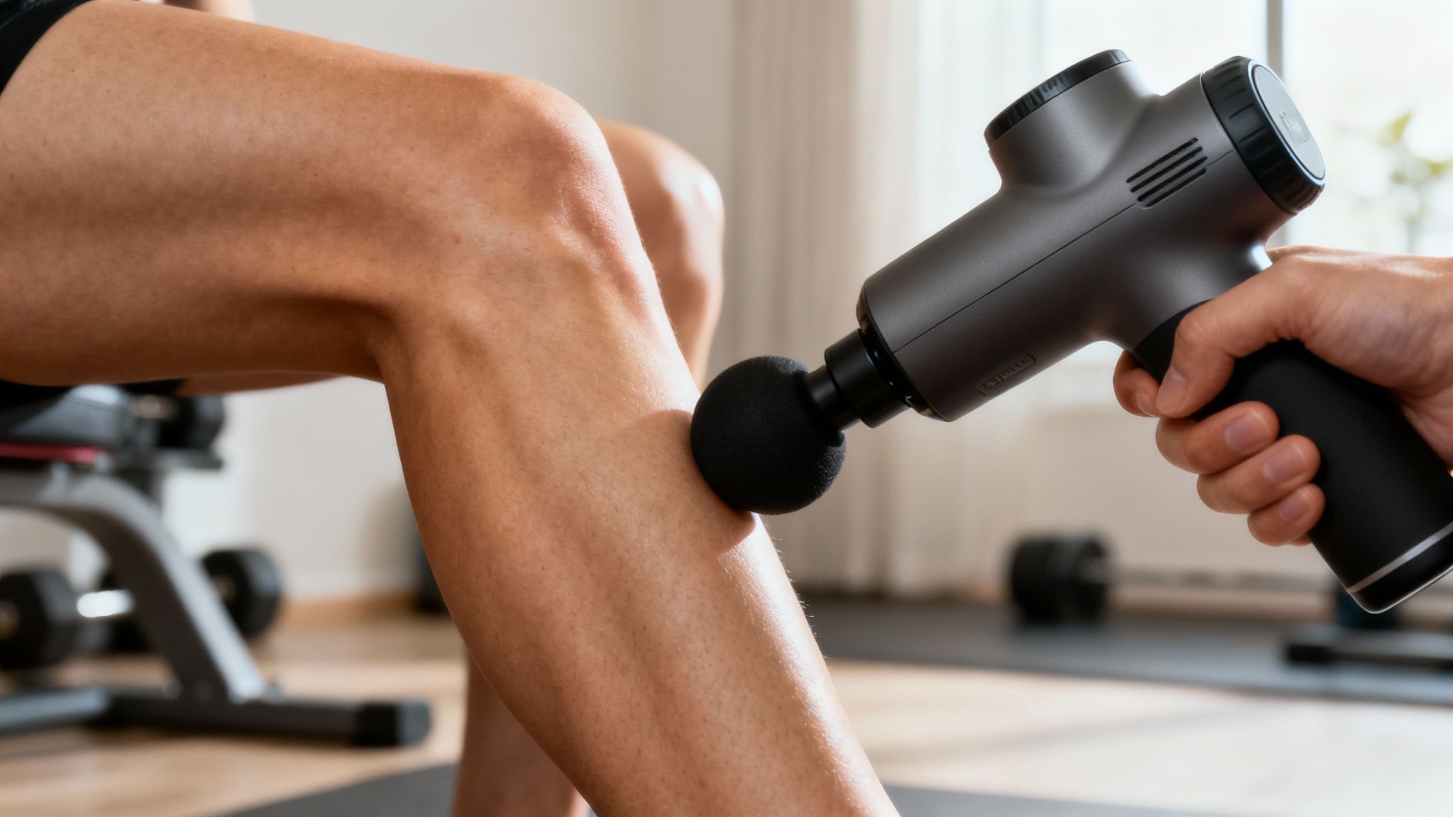 A person relaxing on a yoga mat using a massage gun on their calf after a workout, illustrating the best time to use a massage gun for recovery.