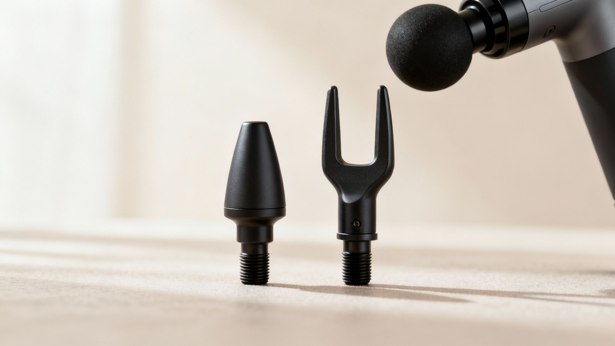 A close-up of a massage gun with the bullet attachment ready for use.