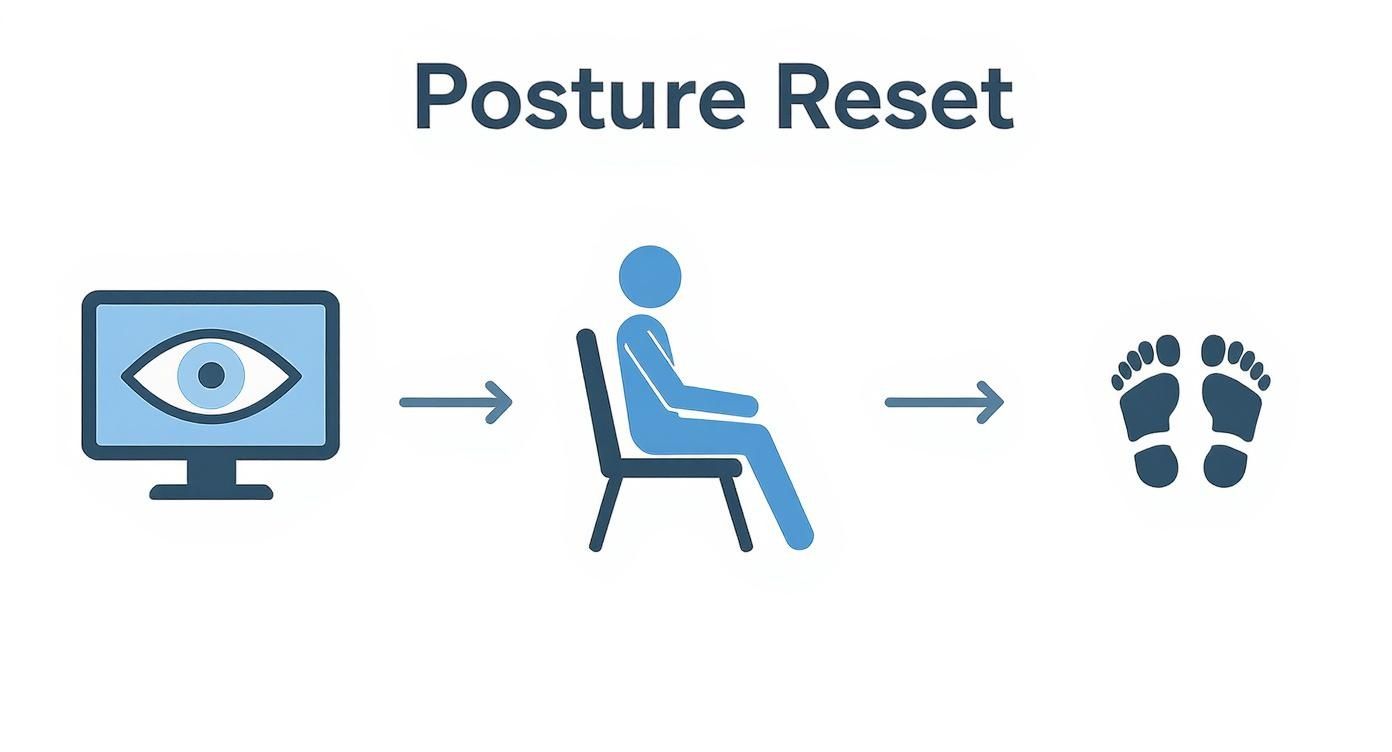 Diagram illustrating posture reset with icons for screen viewing, a person sitting, and footprints.
