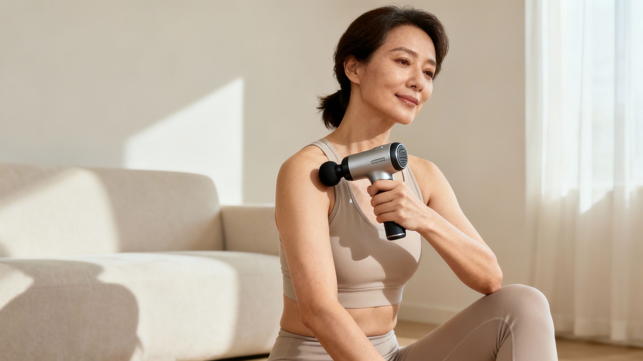 A collection of top rated massage guns, including the Cryotex model, arranged on a clean, modern surface.