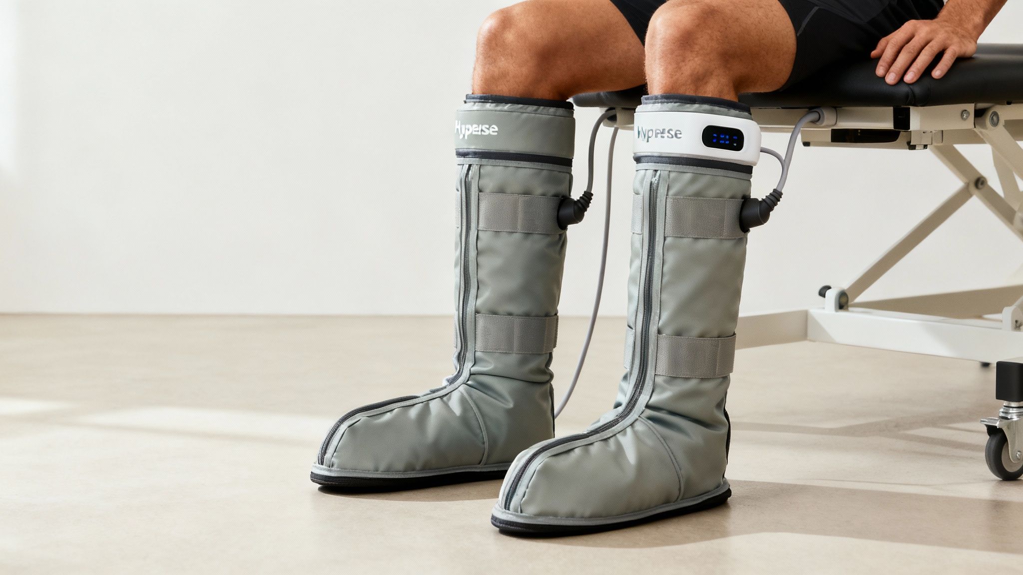 A person relaxing on a couch using Hyperice compression boots to aid leg recovery.