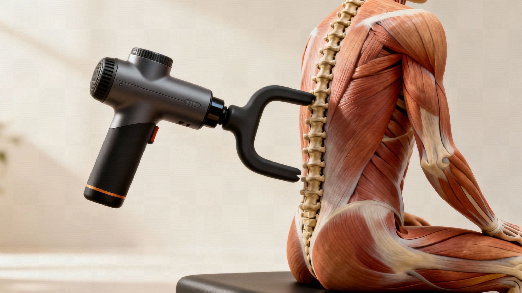 A person safely using the fork massage gun attachment on their neck muscles.