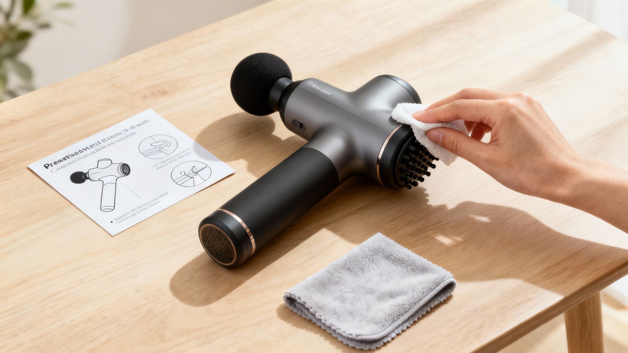 Close-up of a percussion massager handheld attachment head on a clean surface.