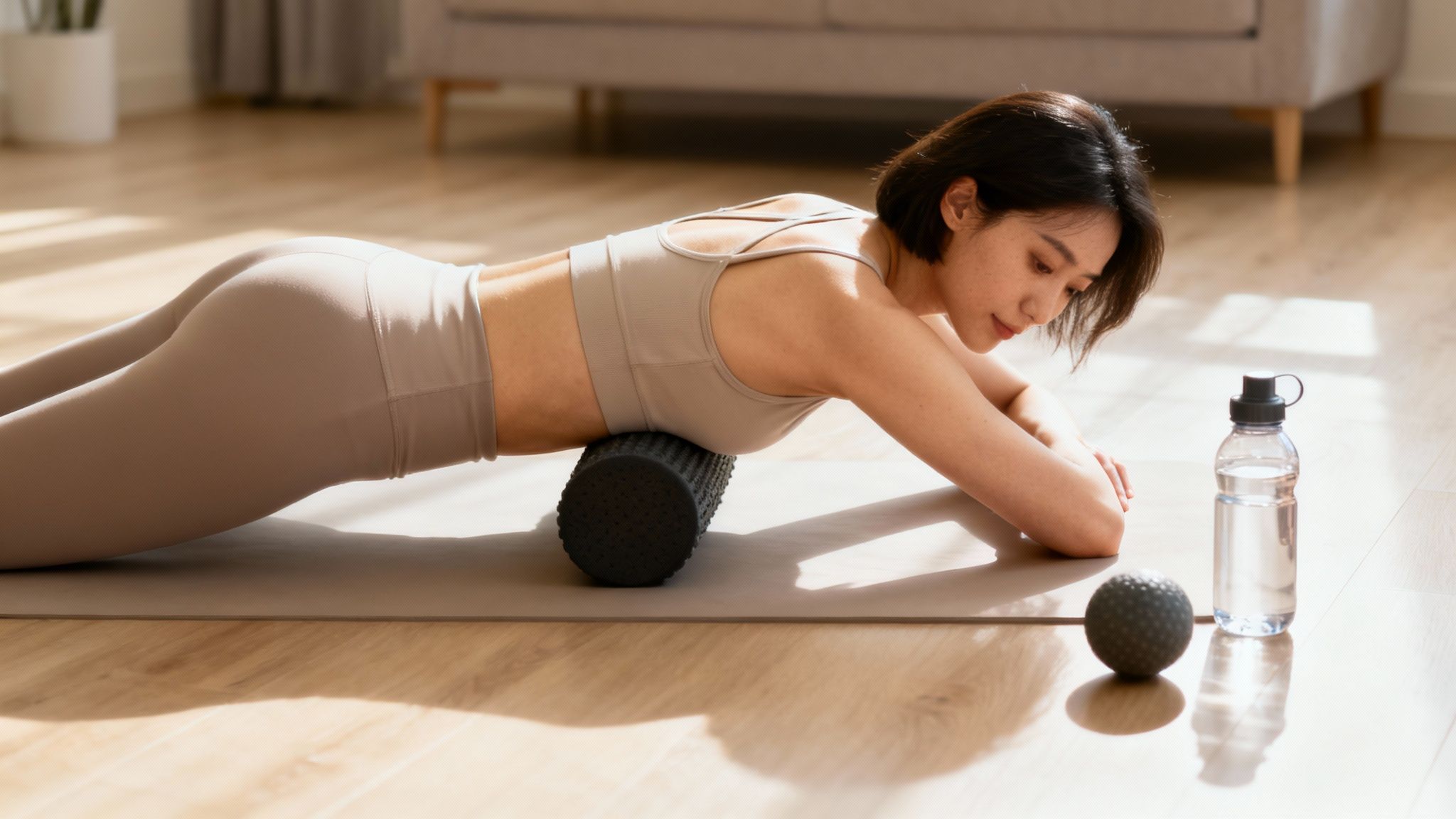 A person using a foam roller for myofascial release therapy at home.