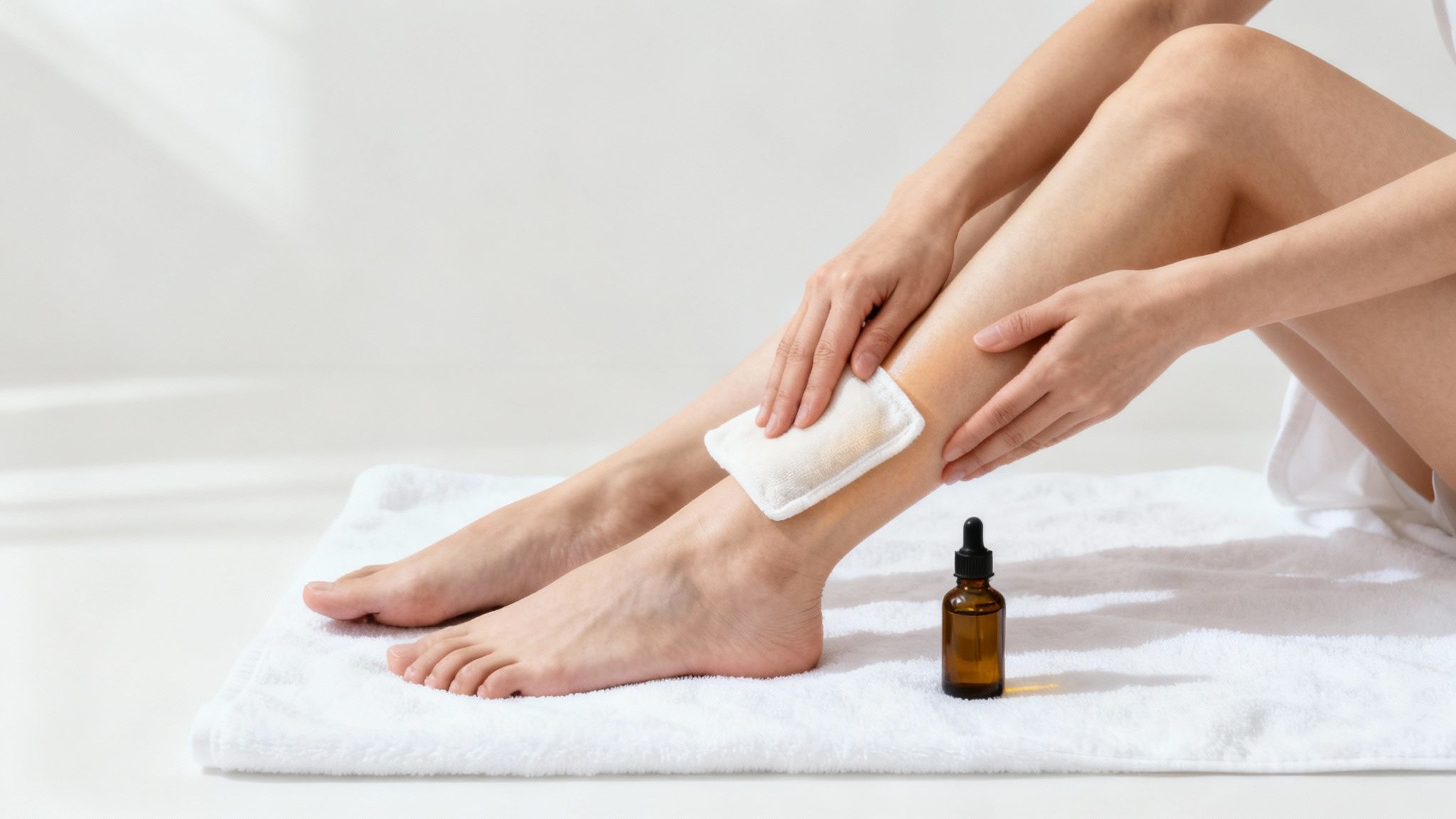 A person sitting on a yoga mat gently massaging their lower leg with a massage gun to help with shin splints.