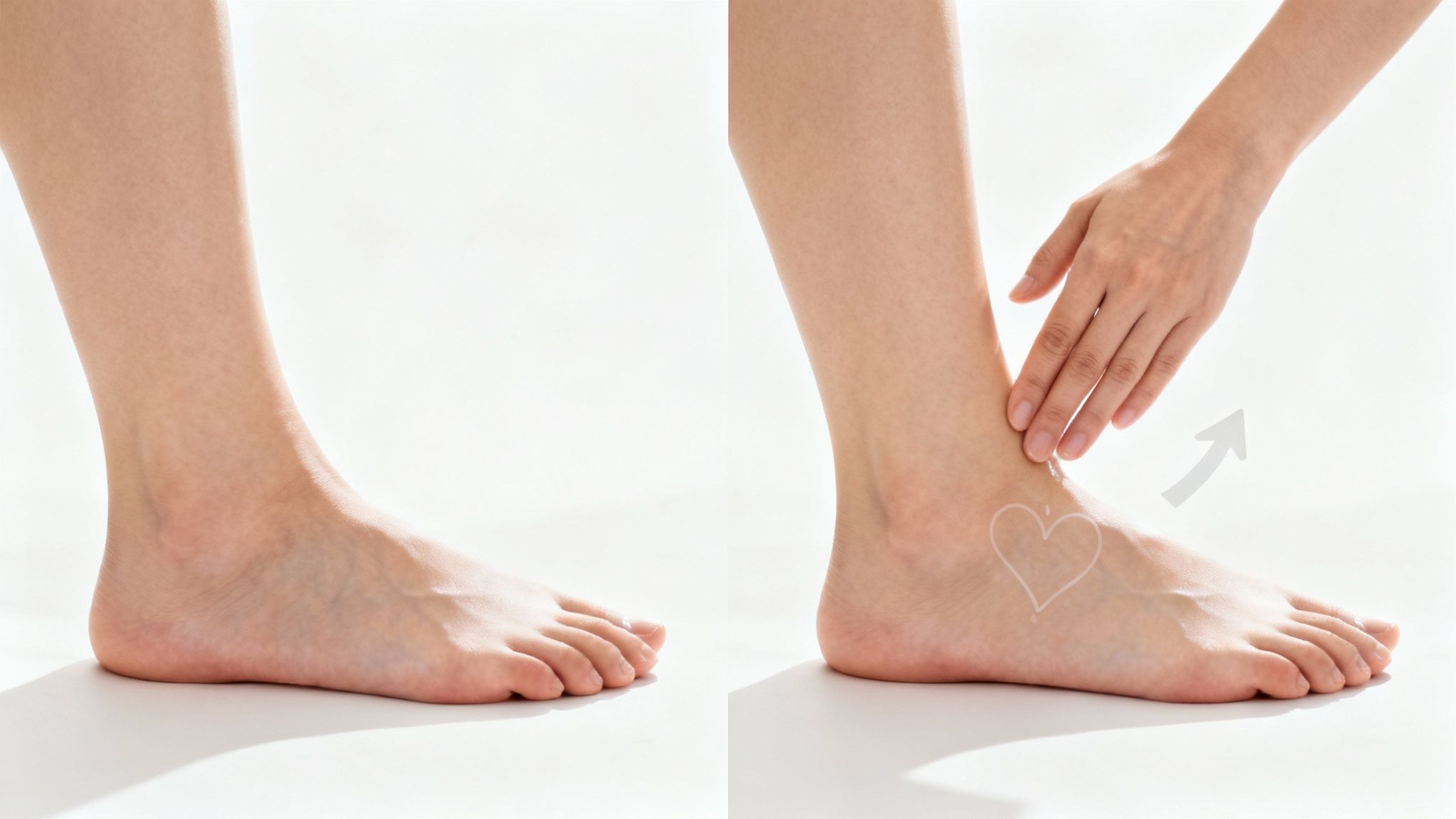 A woman's foot and lower leg are shown, with a hand gently massaging the ankle area.