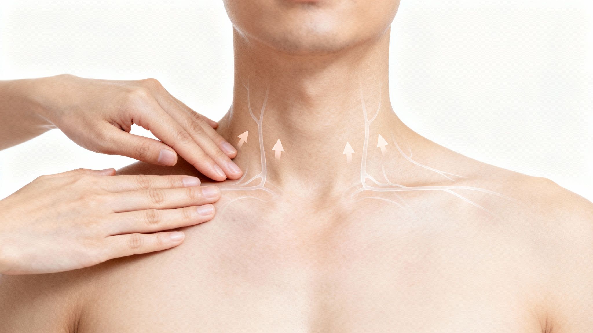 Hands massaging a man's neck and shoulder, illustrating lymphatic drainage pathways with upward arrows.