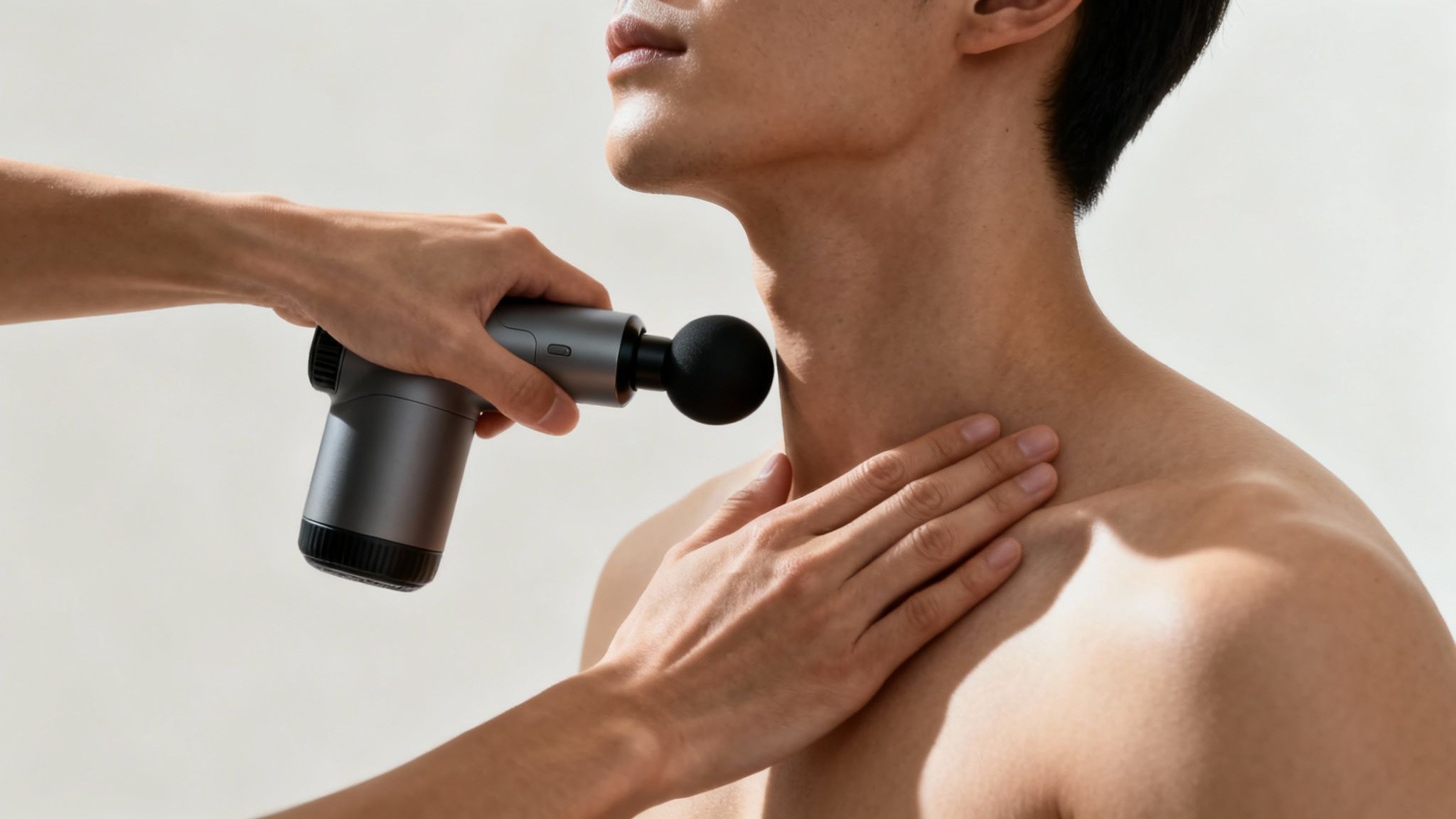 Person incorrectly using a massage gun for muscle knots on their neck bones, illustrating a common mistake.