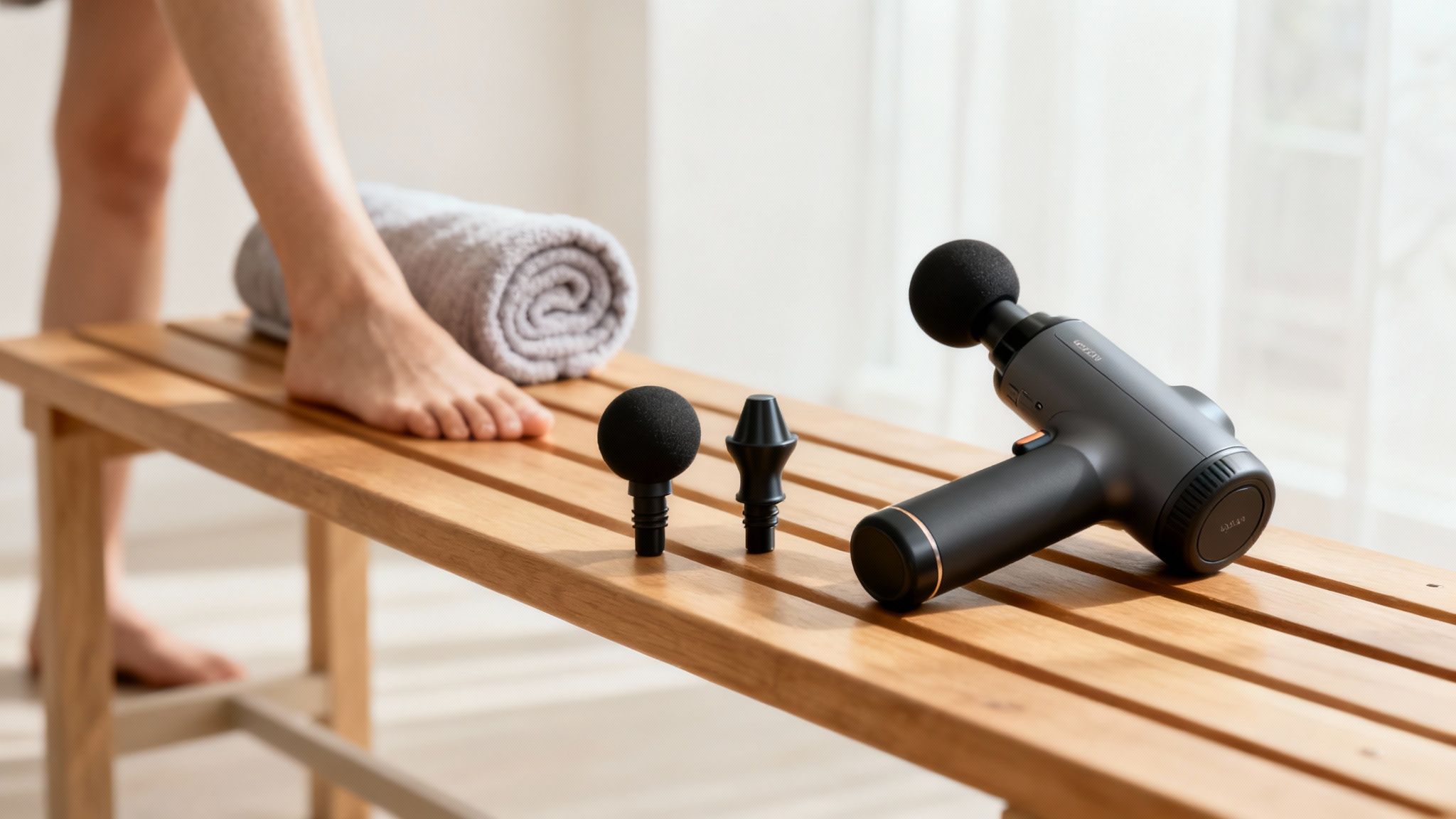 A person using the Cryotex massage gun on their shoulder to improve muscle recovery.