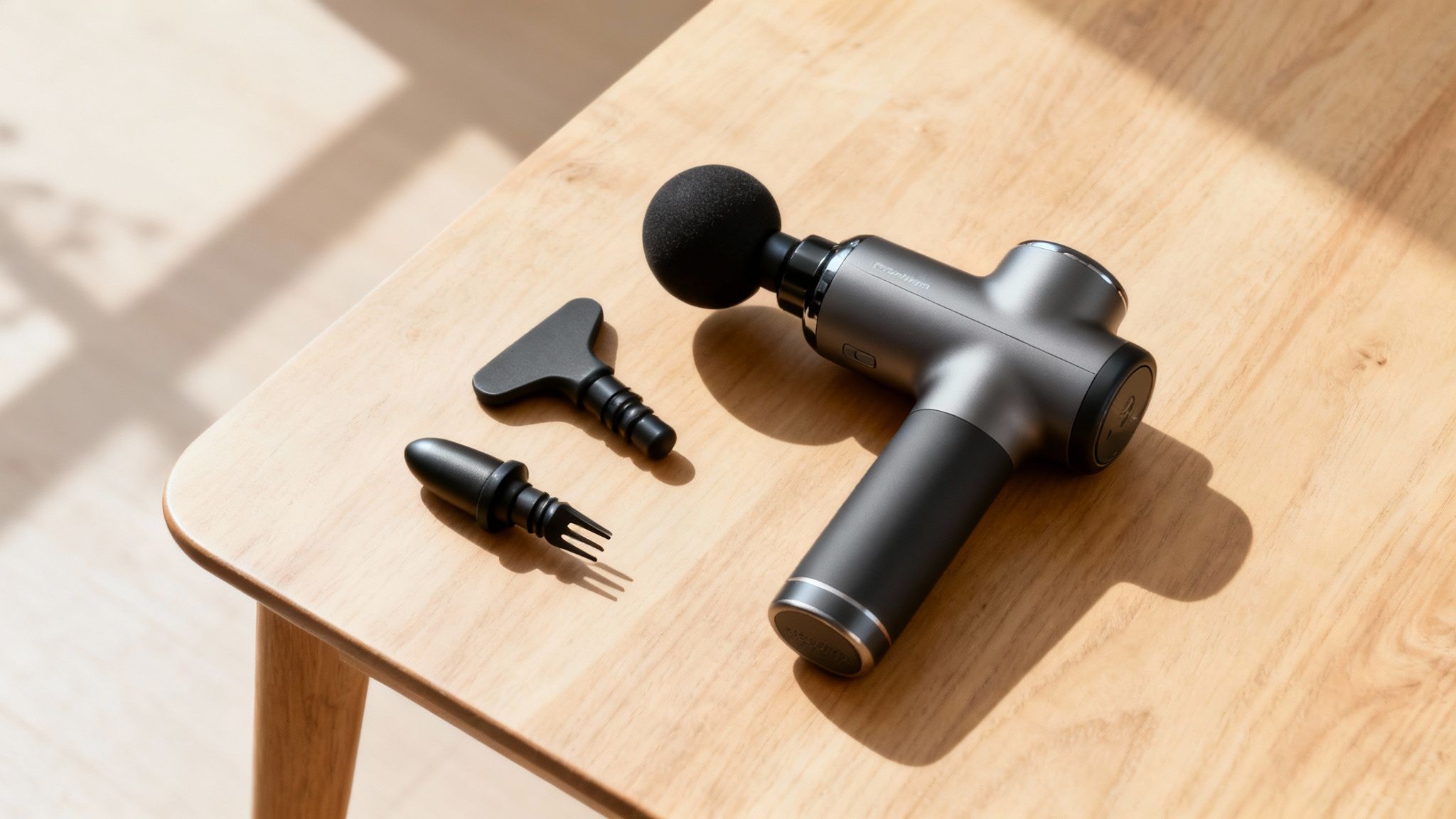 Several deep tissue massage gun attachment heads on a white background.