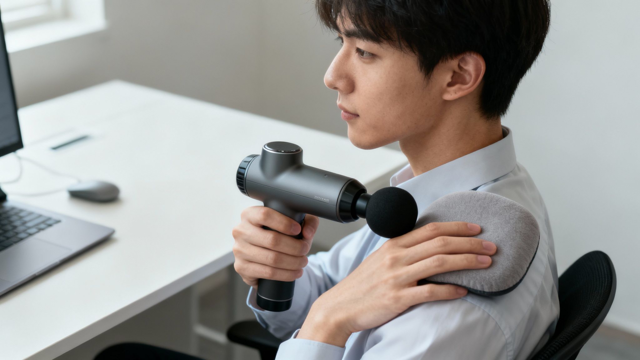 A person using a massage gun for shoulder pain on their upper back and trapezius muscle.