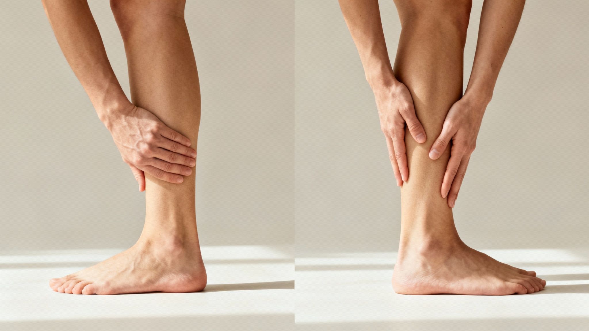 A person showing a "stop" gesture with their hand in front of their shin, illustrating a common massage mistake to avoid.