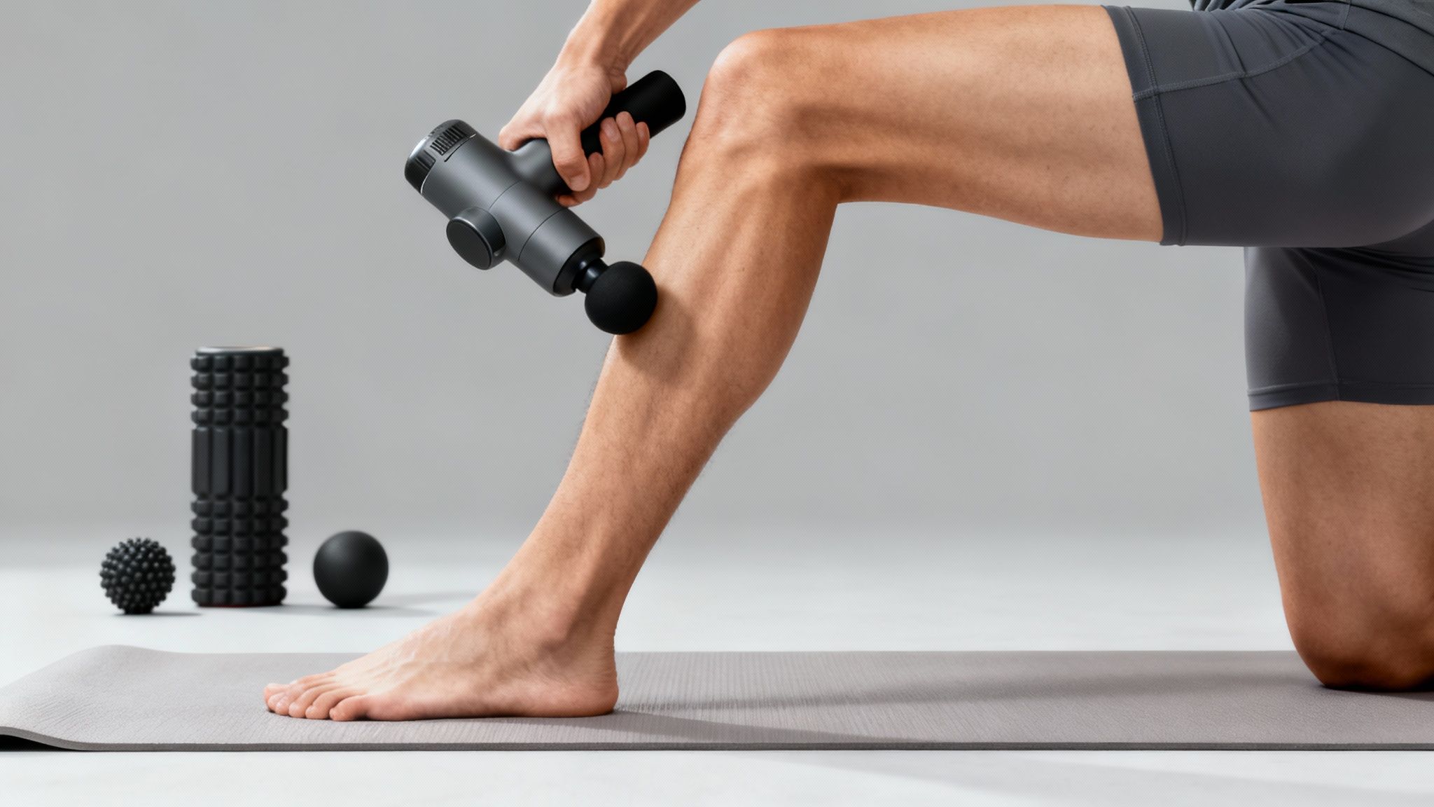 Person using massage gun on calf muscle with foam roller and therapy balls on exercise mat
