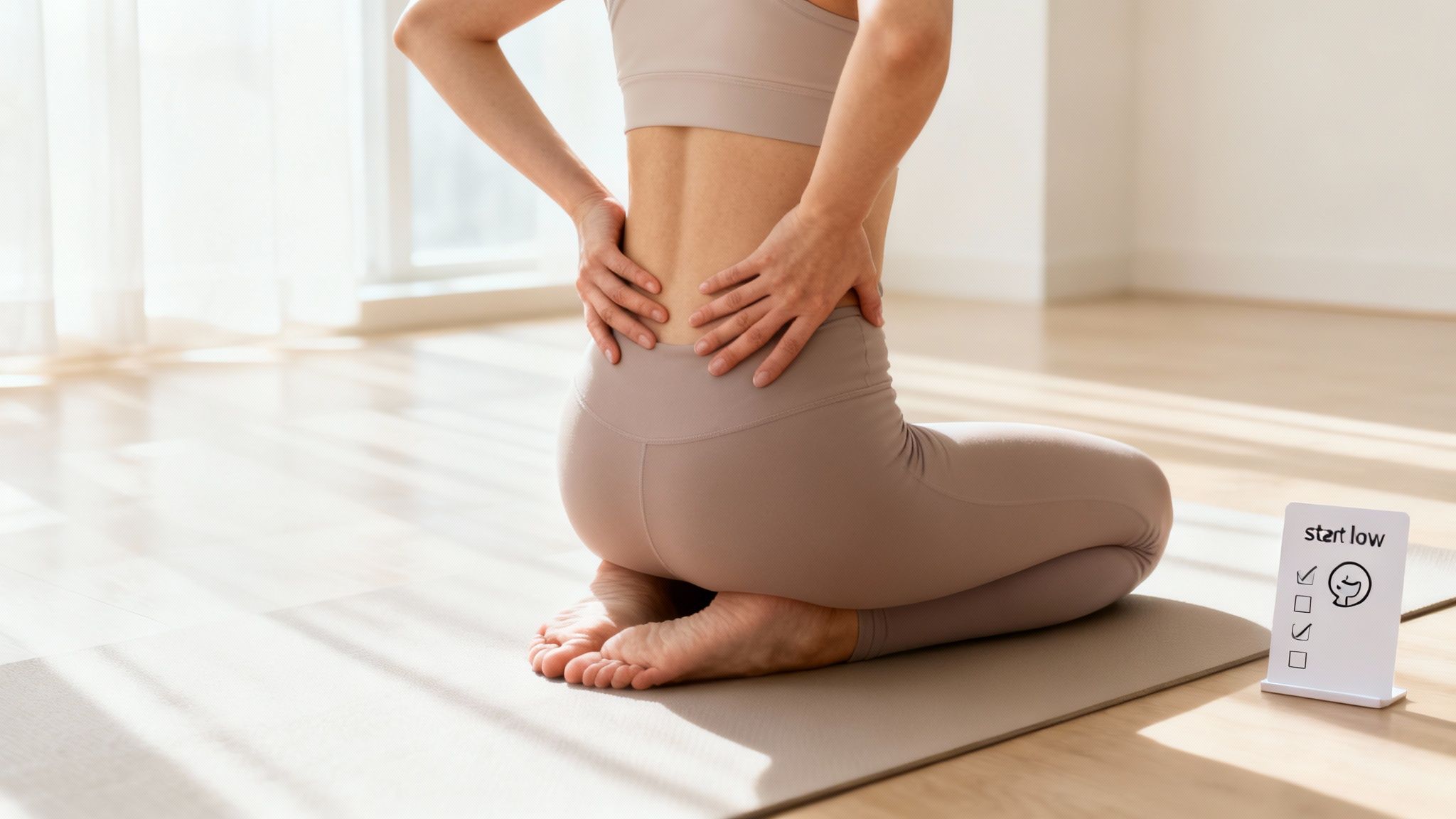 A person sitting comfortably on a yoga mat, illustrating a safe posture for self massage.