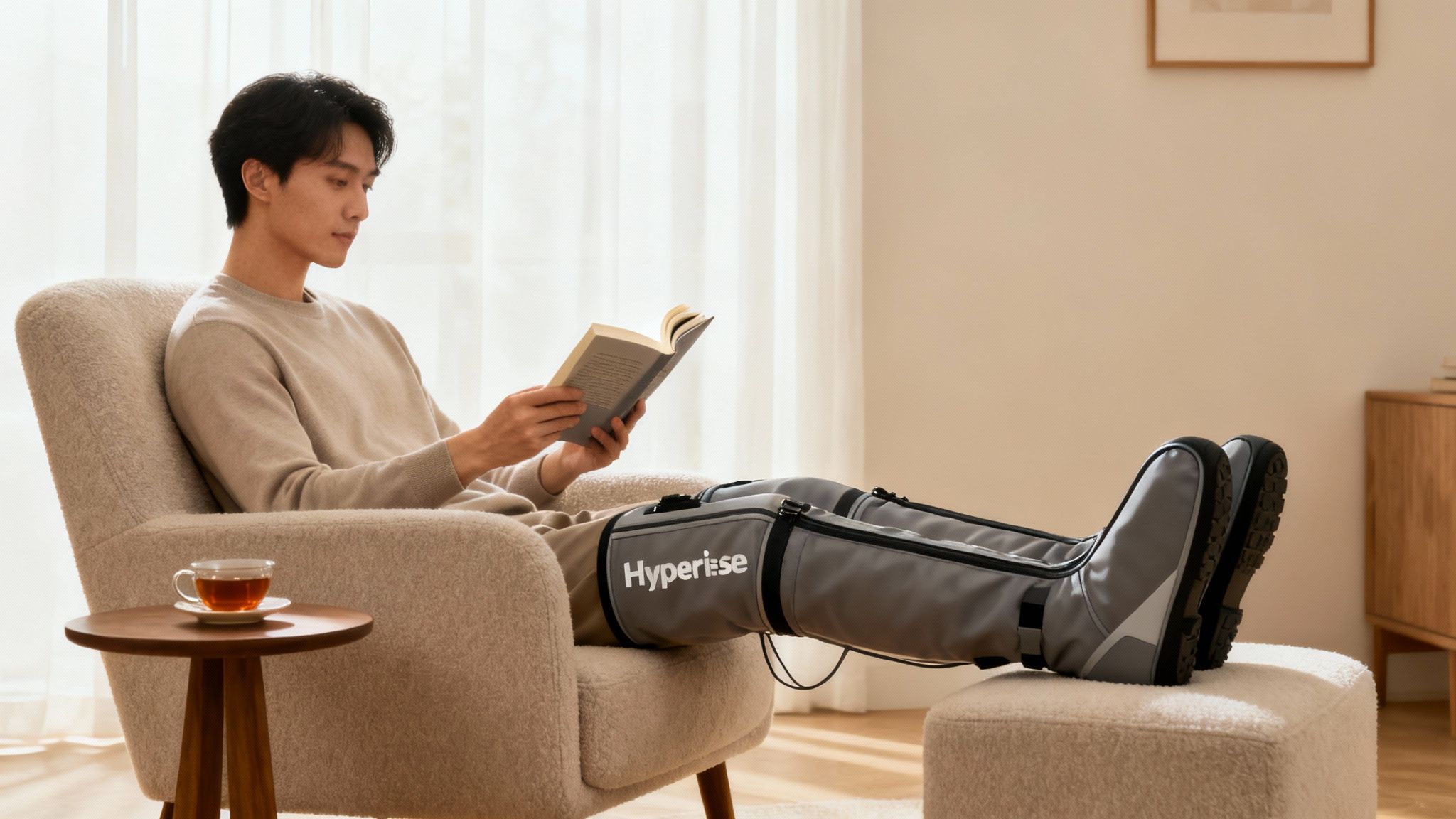 A person using hyperice compression boots while reading a book to make it a daily habit.