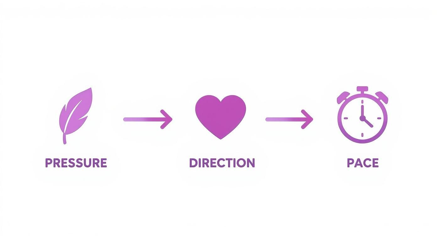 Conceptual diagram illustrating a feather for pressure, a heart for direction, and a clock for pace.