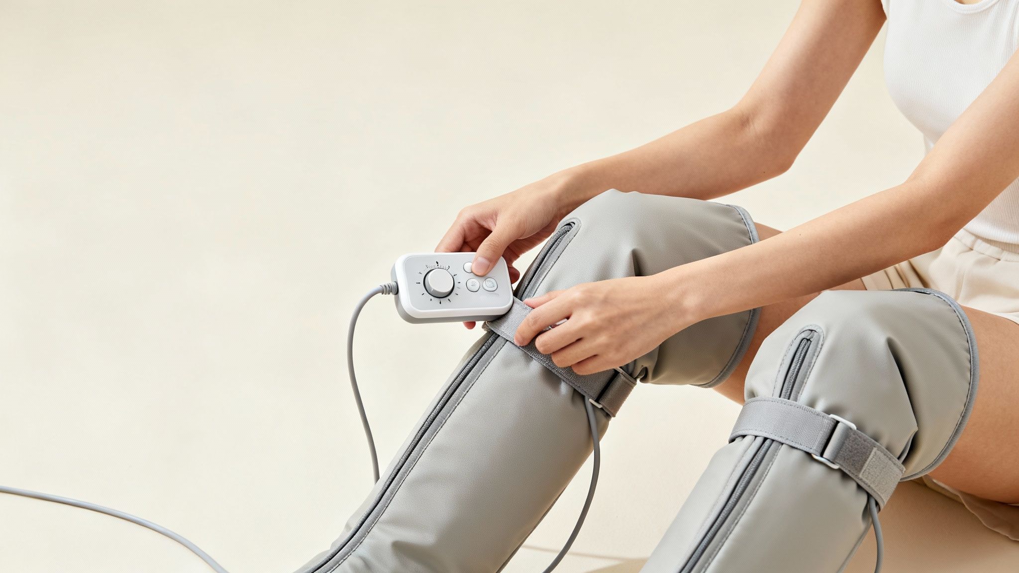 A person using air compression leg massagers at home while reading a book, showing proper fit.