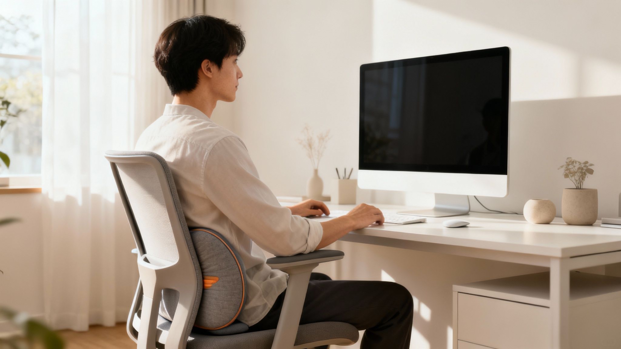 A person adjusting their ergonomic home office chair to improve posture and relieve lower back pain.