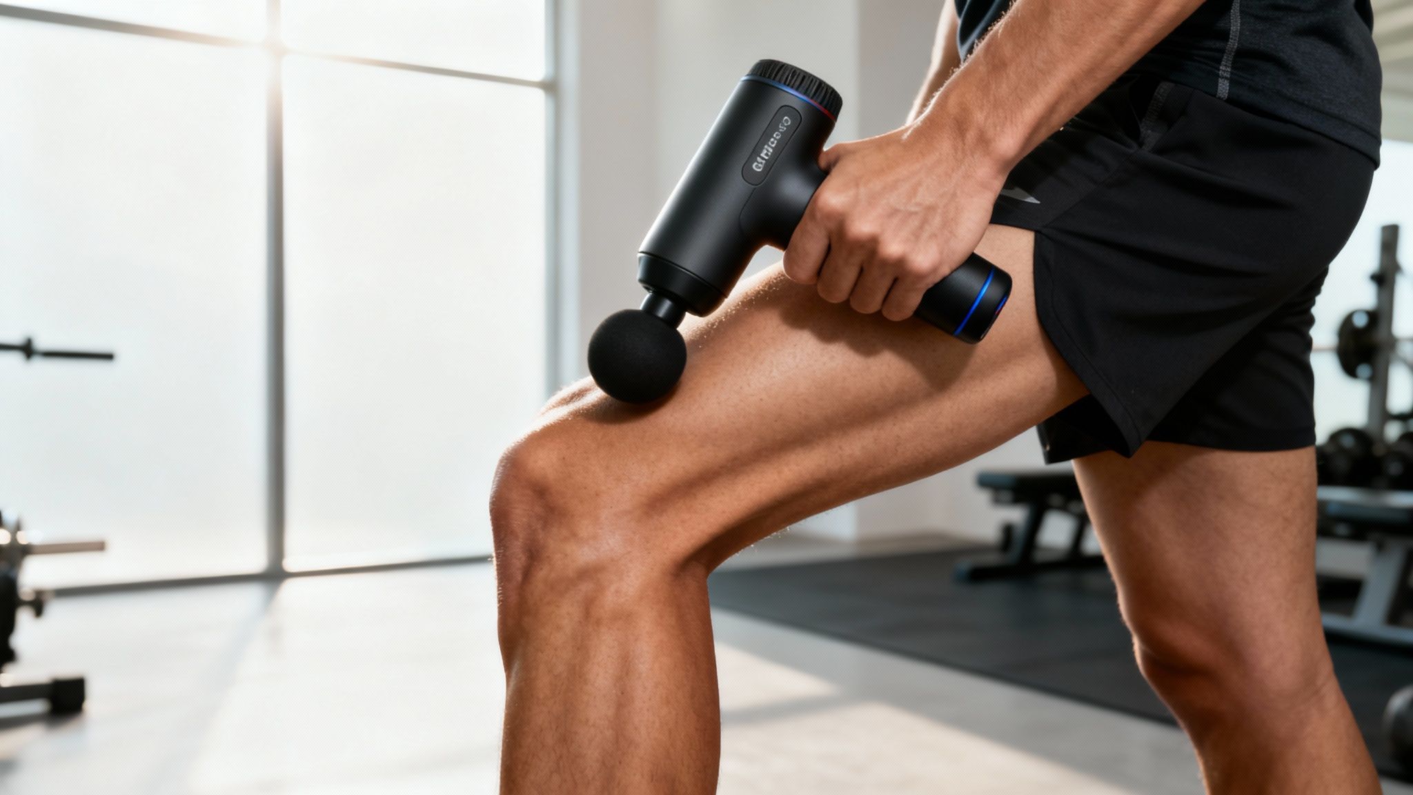 A person using a massage gun on their leg after a workout, showcasing the benefits of using a massage gun.